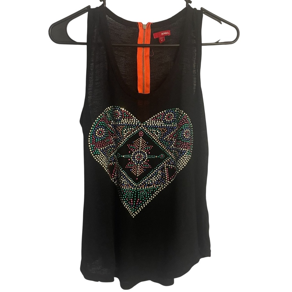 Bongo Rhinestone Heart Tank Top Sleeveless Casual Top Black Medium - Picture 1 of 5